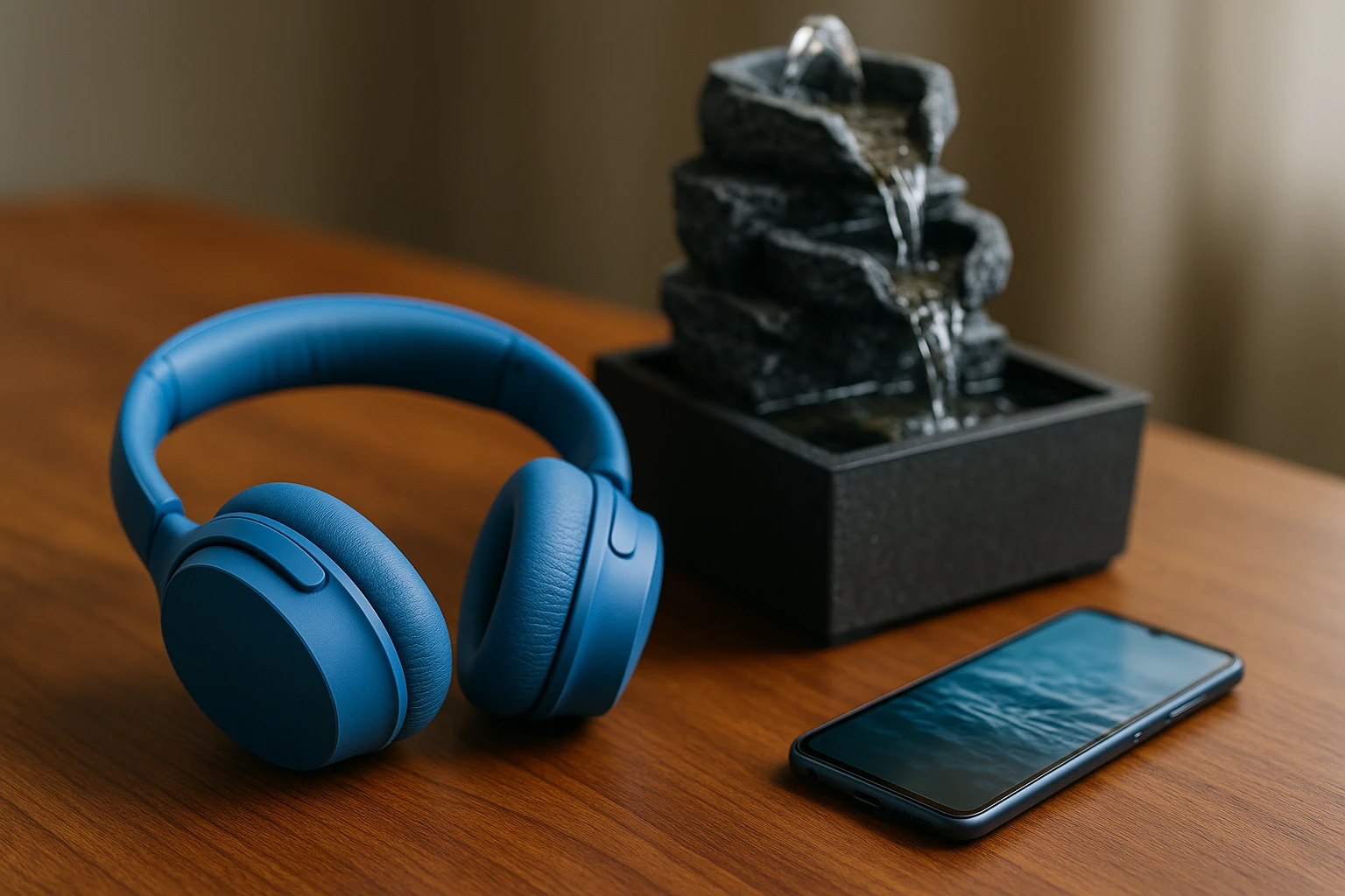 Ein Paar Kopfhörer mit Geräuschunterdrückung liegt auf einem Holztisch neben einem kleinen Zimmerbrunnen, aus einem Smartphone ertönen beruhigende Wassergeräusche.